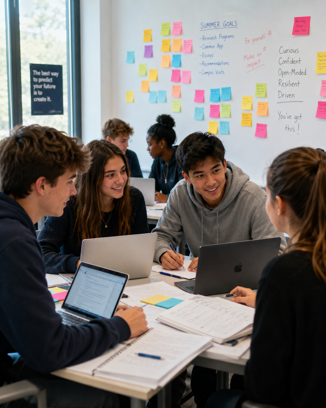Elevi în sesiune de workshop — laptopuri, post-it-uri, energie de lucru